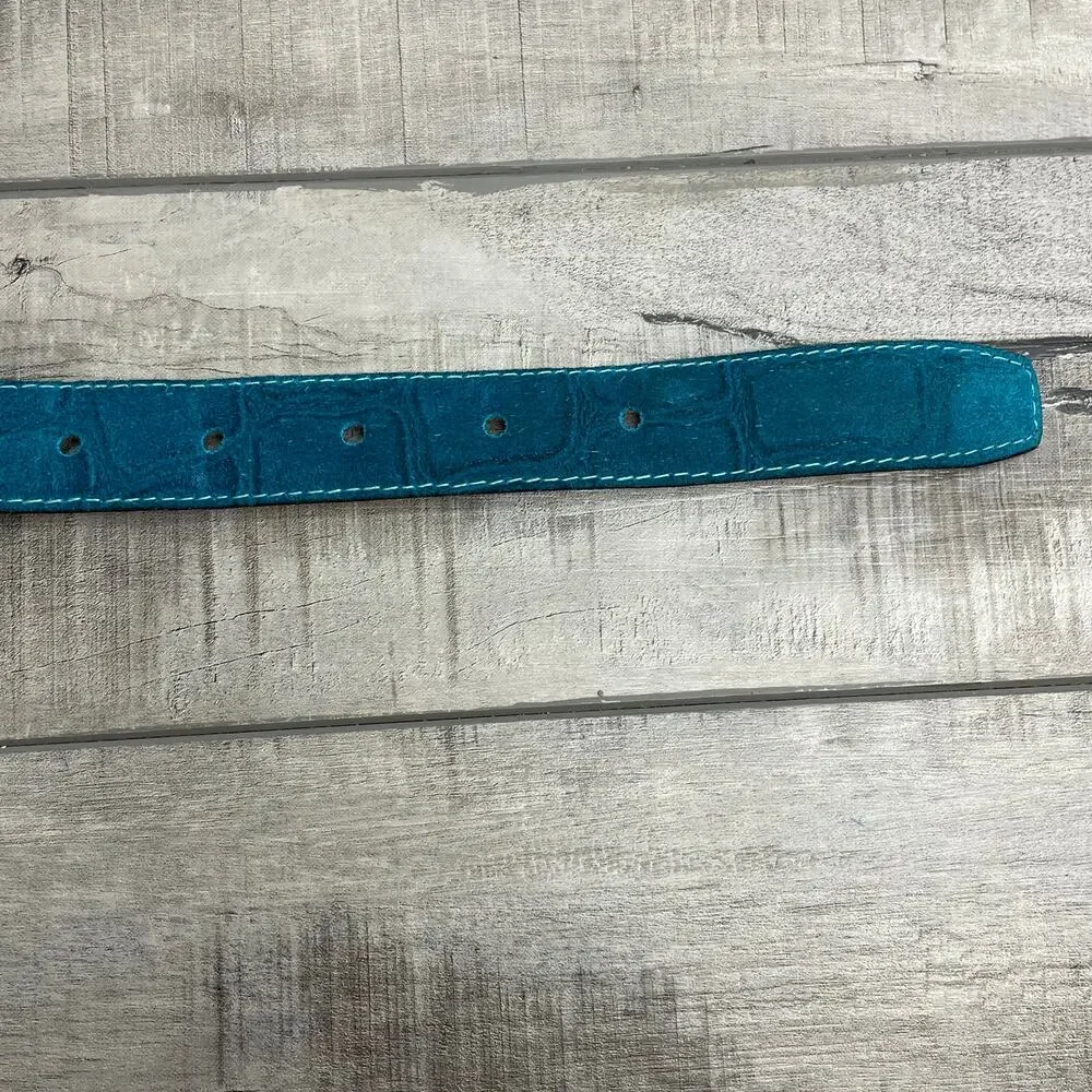 Vintage Native American Indian Head Silver Buckle Teal Calfskin Leather Belt S